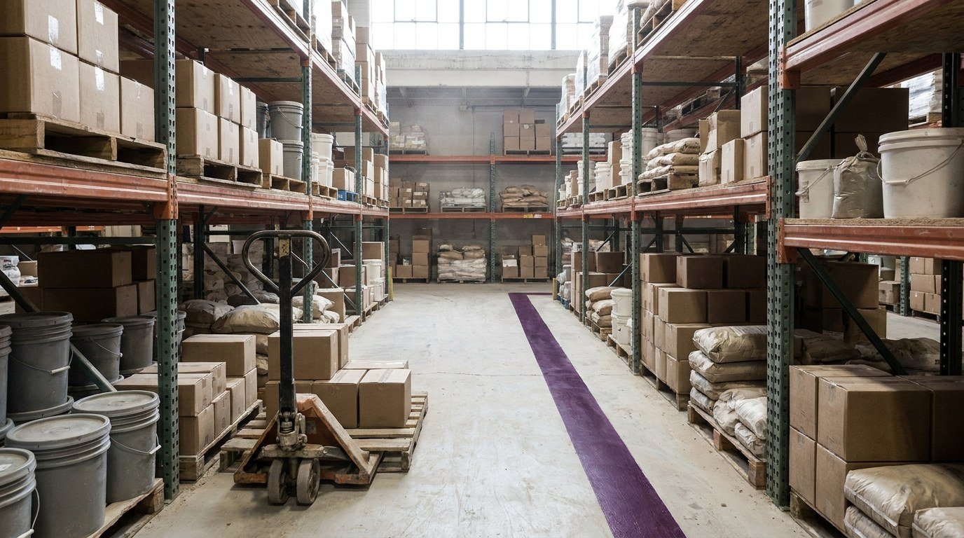 A supply warehouse aisle stacked with boxed clay and lidded glaze buckets