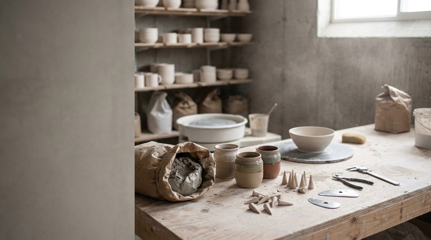A potter's bench with an open sack of wet clay, glaze jars, cones and hand tools in north light