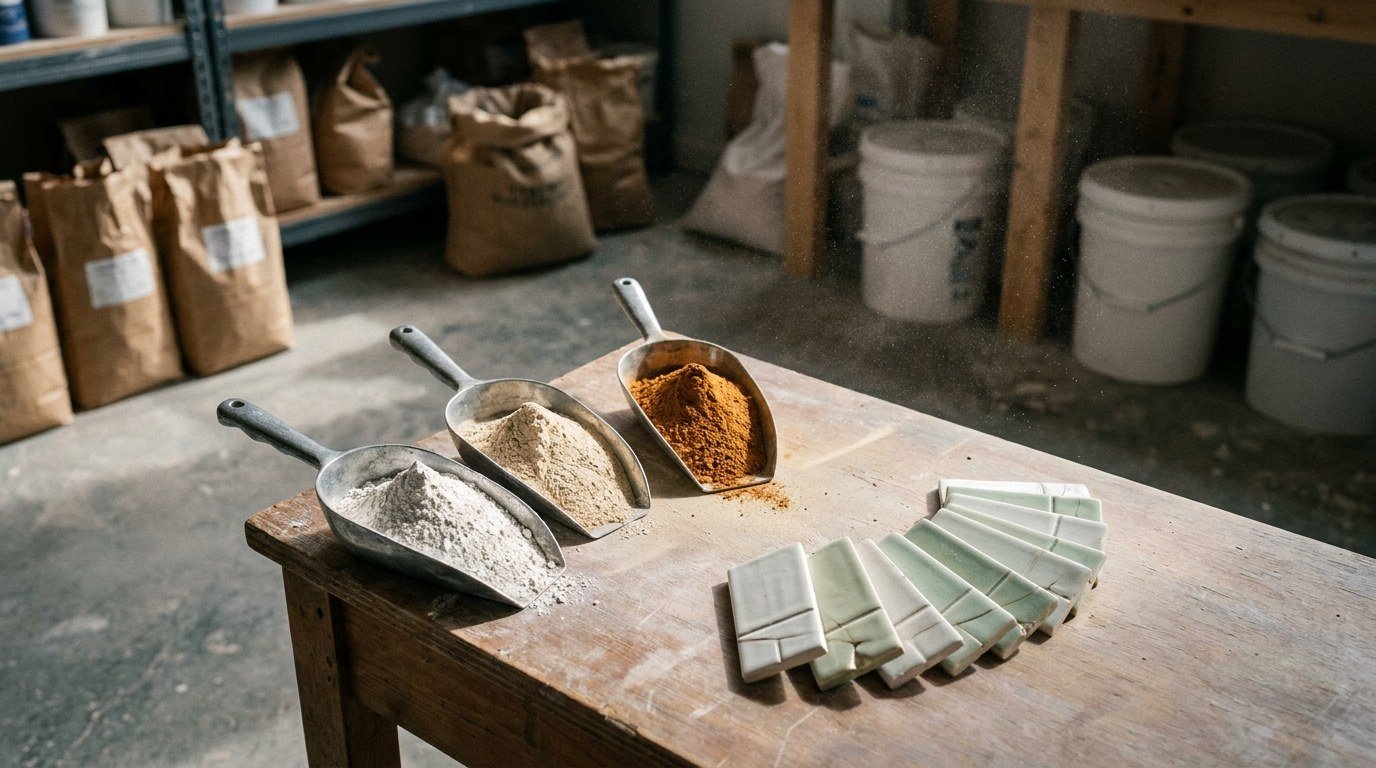 Macro photograph of raw glaze materials in steel scoops beside fired glaze test tiles