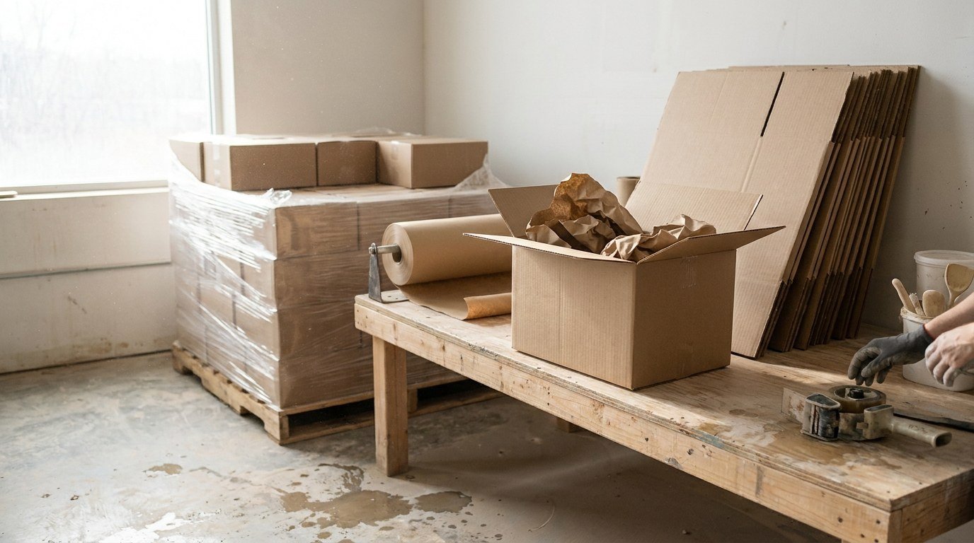 A packing bench with a carton half filled with kraft paper, a lidded glaze bucket and stacked boxed clay on a pallet